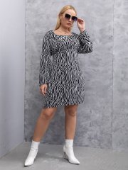 OMONSIM Wholesale Fashion Plus Size Womens Dress Square Neck Zebra Stripes Long Sleeve Loose Oversize Dress