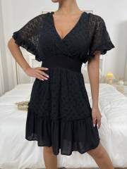 OMONSIM Wholesale Women Black Deep V-neck Short Dress Tie Backless Shirred Waist Flounce Sleeve Ruffle Hem Lace Dress