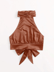 OMONSIM Wholesale Women Sexy Camis Tank Top Halter Satin Lace Up Sleeveless Party Camisole