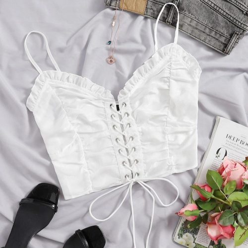 OMONSIM Wholesale Plus Size Camisole Lace Up Pleated Backless Shoulder Sexy Party Camis Women Top