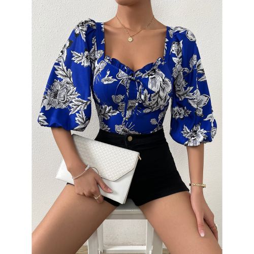 OMONSIM Wholesale Blue Casual Crop Shirts for Women Floral Print Knot Puff Sleeve Frill Shirred Back Blouse