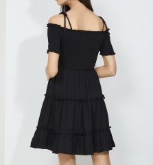 OMONSIM Wholesale Black Off Shoulder Lace Up Pleated Cake Dress Short Sleeve Women