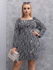 OMONSIM Wholesale Fashion Plus Size Womens Dress Square Neck Zebra Stripes Long Sleeve Loose Oversize Dress