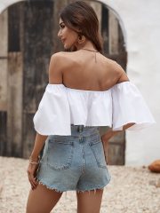 OMONSIM Wholesale Off Shoulder Sexy Crop Top Short Sleeve Summer Ladies Shirts