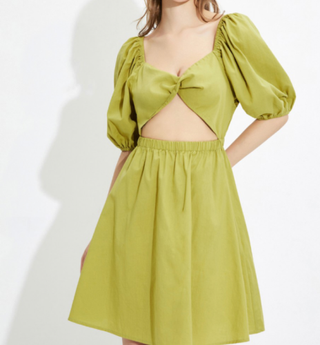 OMONSIM Wholesale Green Square Neck Dress Women Show White Waist Hollow Out Design Puff Sleeve Skirt