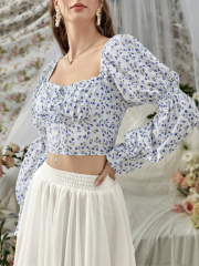OMONSIM Wholesale Floral Shirts Square Neck Tie Puff Sleeves Design Sensation Niche Shirts Women's Summer Short Navel Long Sleeve Tops