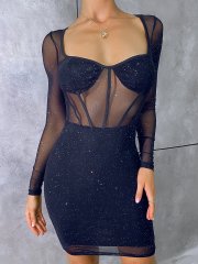 OMONSIM Wholesale Translucent Tight New Style Solid Color Wrap Chest Chest Cup Sexy Dress