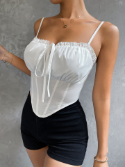 OMONSIM Wholesale Sexy Women Camisole White Asymmetrical Hem Fashion Slim Camis Tube Top Lace Up Sleeveless Backless Lady Crop Tops