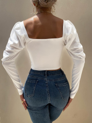 OMONSIM Wholesale White Black Women Work Shirts Square Neck Long Sleeve Tube Top Elegant Fashion Autumn Clothing Tops