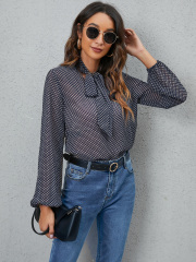 OMONSIM Wholesale Women Casual Blouses For Work Clothing Tie Neck Allover Print Lantern Sleeve Blouse