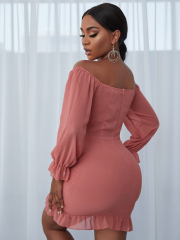 OMONSIM Wholesale Pink Wrinkled Ruffle Edge Tight Sexy Off Shoulder Long Sleeve Dress