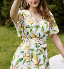 OMONSIM Wholesale Early Autumn New Fashion Versatile Flower Print V-neck Waist-strap Ruffle Short Dress Women