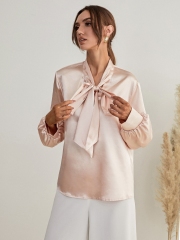 OMONSIM Wholesale Long Sleeve Women Blouses Fashion Work Casual Satin Tops Bow Elegant Loose Women Business Shirts