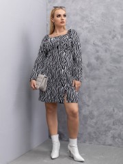 OMONSIM Wholesale Fashion Plus Size Womens Dress Square Neck Zebra Stripes Long Sleeve Loose Oversize Dress