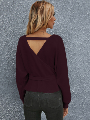OMONSIM Wholesale Fashion Deep V-Neck Women Sweaters Ruffle Hem Long Sleeve Pullover Shirts Top Casual Loose Winter Lady Clothing