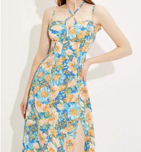 OMONSIM Wholesale oil painting floral suspenders halter dress new women's summer sexy temperament side slit waist long skirt