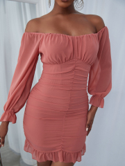OMONSIM Wholesale Pink Wrinkled Ruffle Edge Tight Sexy Off Shoulder Long Sleeve Dress