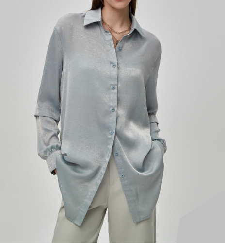 OMONSIM Wholesale elegant temperament wind drape gray shirt women's design niche loose retro long-sleeved top