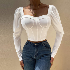 OMONSIM Wholesale White Black Women Work Shirts Square Neck Long Sleeve Tube Top Elegant Fashion Autumn Clothing Tops
