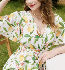 OMONSIM Wholesale Early Autumn New Fashion Versatile Flower Print V-neck Waist-strap Ruffle Short Dress Women