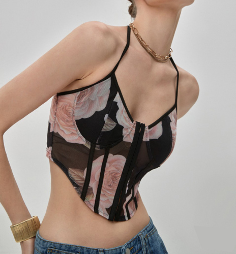 OMONSIM Wholesale Sleeveless Mesh Floral Camisole with Breasted Design