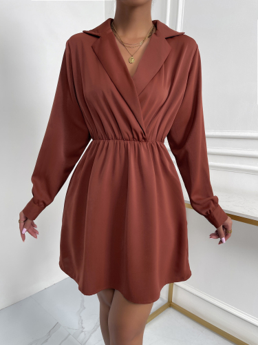 OMONSIM Wholesale Summer Office Workers Loose Pleated Long Sleeve Lapel Women Dresses