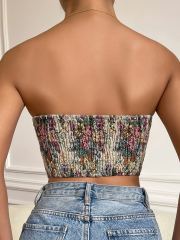 OMONSIM Wholesale Sexy Women Off Shoulder Crop Tops Floral Print Crisscross Hanky Hem Bustier Tube Top