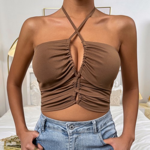 OMONSIM Wholesale Sleeveless Cut Out Tie Slim Halter Top for Women