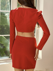 OMONSIM Wholesale Autumn and Winter New Puff Sleeves Red Classic Fashion Square Neck Top Slim Fit Slim Pack Hip Short Skirt Suit Women