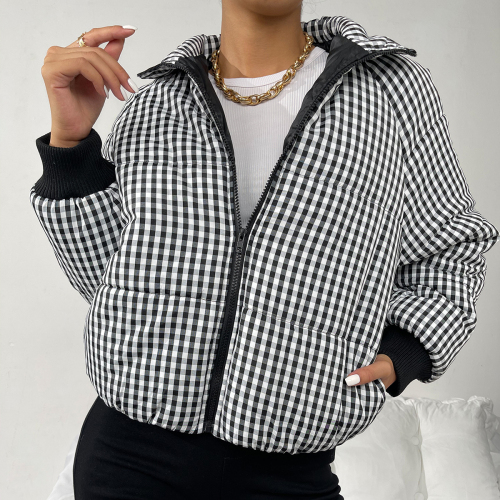 OMONSIM Wholesale Women Winter Coats Plaid Long Sleeve Zipper Jacket Overcoat Casual Winter Outdoor Streetwear