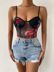 OMONSIM Wholesale Fashion Womens Sleeveless Backless Tops Floral Print Contrast Binding Mesh Cami Crop Top