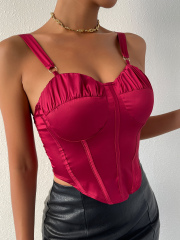 OMONSIM Wholesale Red Women Sexy Camisole Satin Sleeveless Backless Slim Fit Tank Top Summer Asymmertic Hem Crop Top