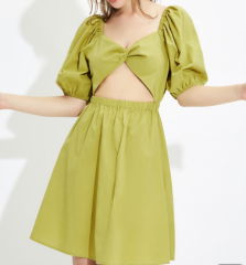 OMONSIM Wholesale Green Square Neck Dress Women Show White Waist Hollow Out Design Puff Sleeve Skirt