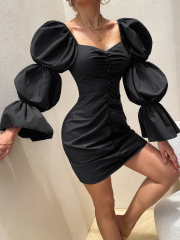 OMONSIM Wholesale Slim Sexy Blue Lantern Long Sleeve Women Party Formal Dress
