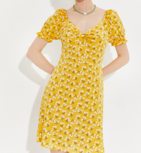 OMONSIM Wholesale Summer New Yellow Retro Puff Sleeve Waist Temperament Floral Dress