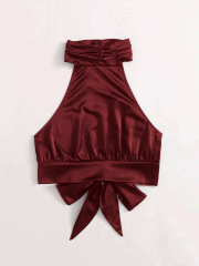 OMONSIM Wholesale Women Sexy Camis Tank Top Halter Satin Lace Up Sleeveless Party Camisole