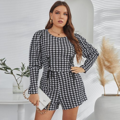 OMONSIM Wholesale plus Size Houndstooth Print Shorts Sets Round Neck Long Sleeve Top and Short Pants Set