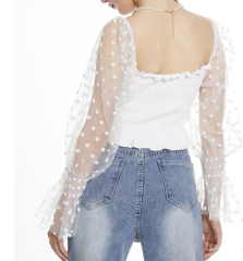 OMONSIM Wholesale Early Autumn Fungus Edge Long Sleeve Shirt Feminine Square Neck Short Mesh Top