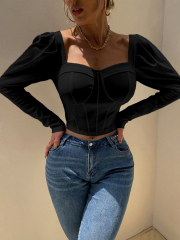 OMONSIM Wholesale White Black Women Work Shirts Square Neck Long Sleeve Tube Top Elegant Fashion Autumn Clothing Tops