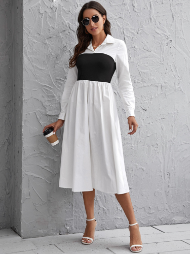OMONSIM Wholesale Black And White Color Matching Fashion Lapel Formal Dress For Women