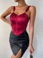 OMONSIM Wholesale Red Women Sexy Camisole Satin Sleeveless Backless Slim Fit Tank Top Summer Asymmertic Hem Crop Top