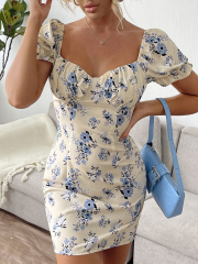 OMONSIM Wholesale Floral Print Ruffle Chest Cup Trim Wrap Bohemian Holiday Women Dresses