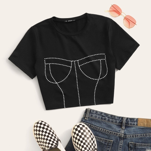 OMONSIM Wholesale Black Oversized T-shirts Summer Womens Plus Size Print Crop Top Short Sleeve Pullovers Round-Neck Casual Loose Clothing