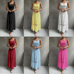 OMONSIM Wholesale Fashion Elegant Womens Sleeveless Long Dresses Guipure Lace Insert Ruffle Hem Dress