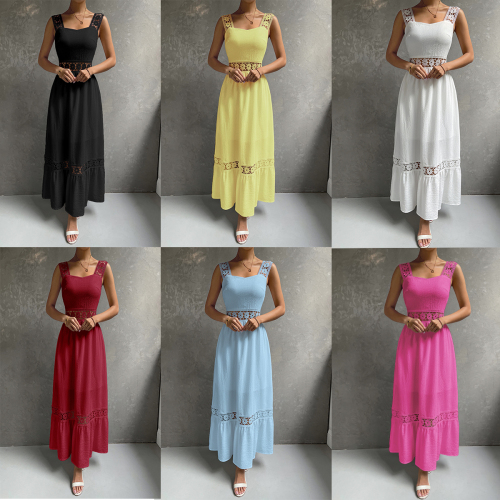 OMONSIM Wholesale Fashion Elegant Womens Sleeveless Long Dresses Guipure Lace Insert Ruffle Hem Dress