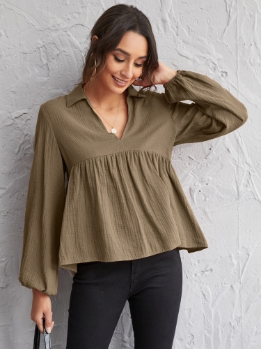 OMONSIM Wholesale Khaki Long Sleeve Blouses Fashion Women Sexy V Neck Tops Elegant Shirt Autumn Ruffled Hem Shirts