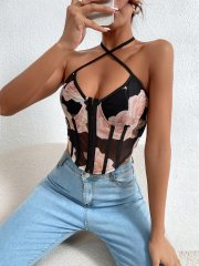 OMONSIM Wholesale Sexy Women Sleeveless Criss Cross Asymmertic Hem Tank Tops Floral Mesh Tie Backless Bustier Halter Top