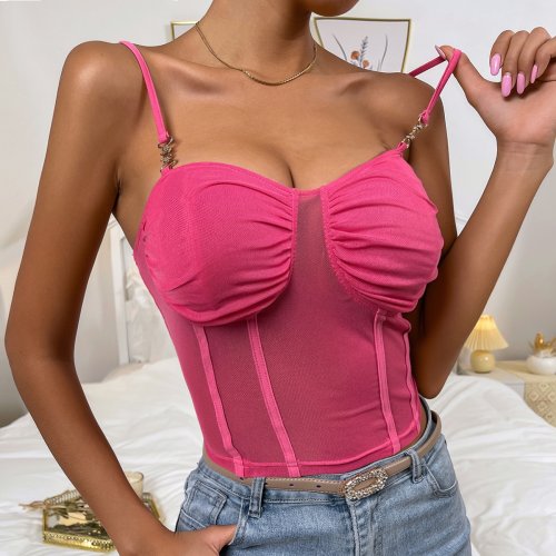 OMONSIM Wholesale Women Sleeveless Mesh Panel Ruched Bustier Camis Sexy Backless Crop Tops