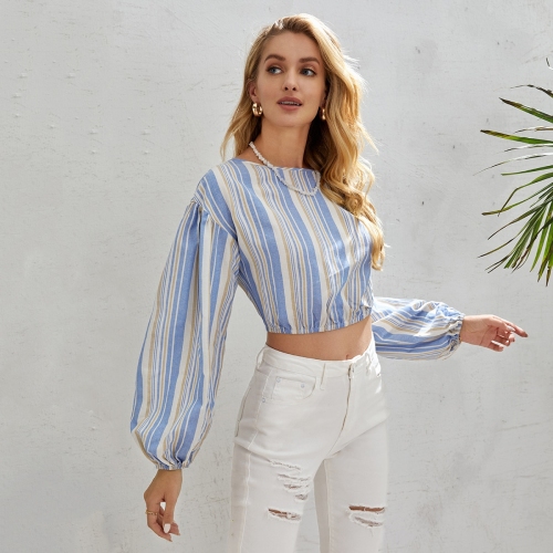 OMONSIM Wholesale Women Blouses Stripe Print Long Sleeve Crop Tops New Arrivals Fashion Shirts Ladies Casual Office Blouses