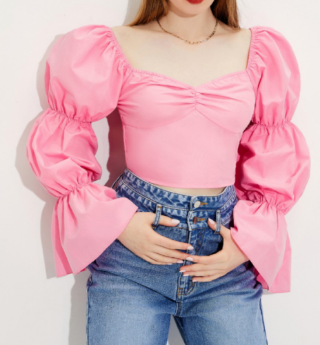 OMONSIM Wholesale spring new square-neck retro bell-sleeved shirt waist slim pullover pleated short top women